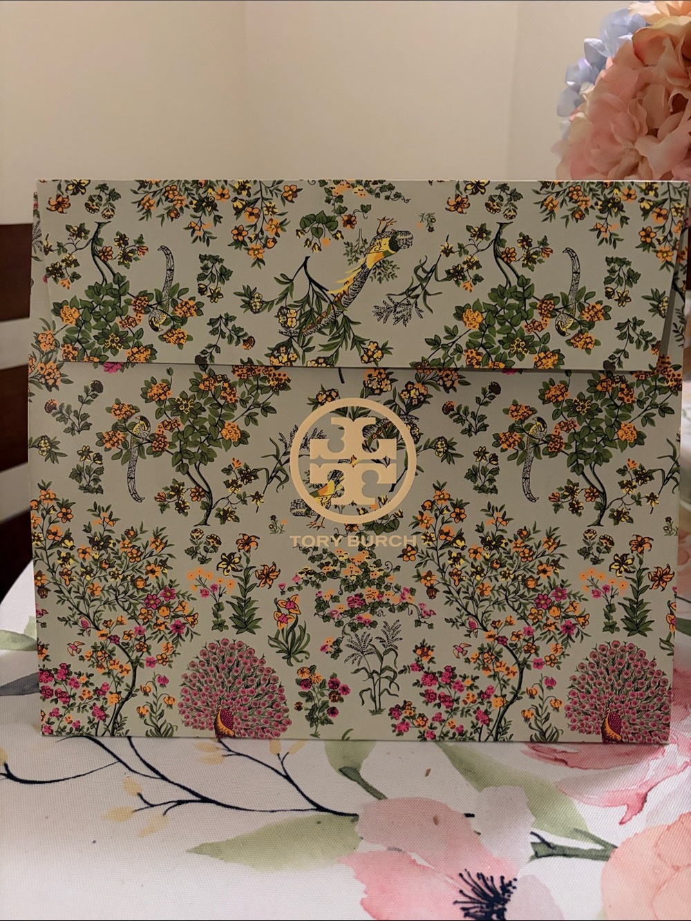 Tory Burch Floral Panel in Sage Green with Pink Flowers Gift Bag